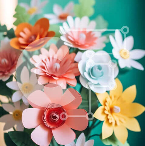 Intra Συλλεκτικό Ξύλινο Παζλ Plywood  4mm - Πολύχρωμο χάρτινο μπουκέτο λουλουδιών σε ξύλινο τραπέζι Σε Ξύλινο Κουτί - Διαστάσεις Puzzle: 10x10 cm – 25 κομμάτια - Image 1