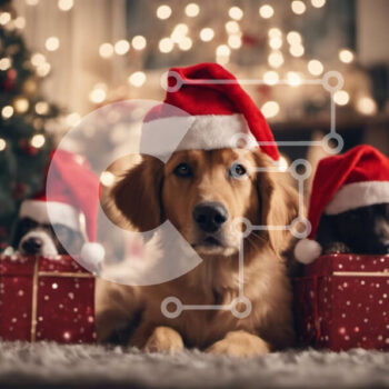 Intra Συλλεκτικό Ξύλινο Παζλ Plywood  4mm - Αξιολάτρευτα χρυσά σκυλιά με καπέλα Άγιου Βασίλη με χριστουγεννιάτικο δέντρο Σε Ξύλινο Κουτί - Διαστάσεις: 10x10 cm – 25 κομμάτια - Image 1