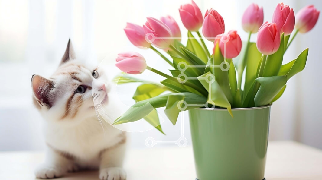 Intra Συλλεκτικό Ξύλινο Παζλ Plywood  4mm - Περίεργη γάτα και ροζ λουλούδια Σε Ξύλινο Κουτί - Διαστάσεις: 10x10 cm – 25 κομμάτια