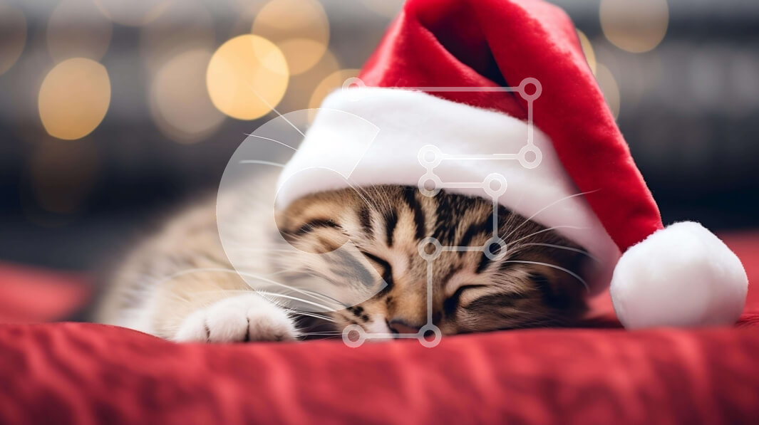 Intra Συλλεκτικό Ξύλινο Παζλ Plywood  4mm - Χαριτωμένο κοιμισμένο γατάκι με καπέλο Santa σε κόκκινο φόντο Σε Ξύλινο Κουτί - Διαστάσεις: 10x10 cm – 25 κομμάτια