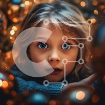 Intra Συλλεκτικό Ξύλινο Παζλ Plywood  4mm - Αξιολάτρευτη εικόνα ενός νεαρού κοριτσιού με μπλε μάτια και ξανθά μαλλιά που κρυφοκοιτάζει πίσω από τα χριστουγεννιάτικα στολίδια Σε Ξύλινο Κουτί - Διαστάσεις: 10x10 cm – 25 κομμάτια - Image 1