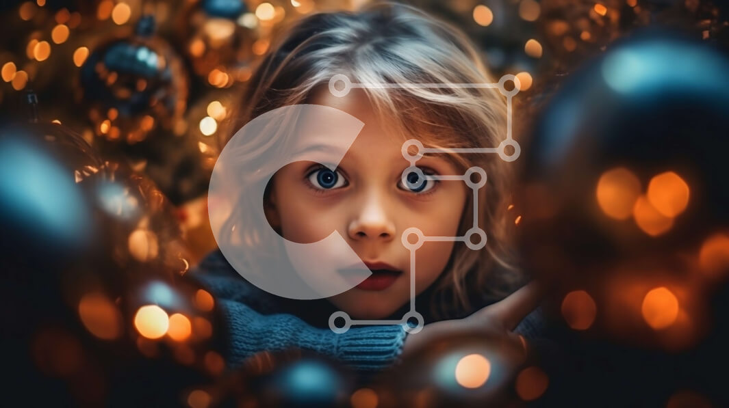 Intra Συλλεκτικό Ξύλινο Παζλ Plywood  4mm - Αξιολάτρευτη εικόνα ενός νεαρού κοριτσιού με μπλε μάτια και ξανθά μαλλιά που κρυφοκοιτάζει πίσω από τα χριστουγεννιάτικα στολίδια Σε Ξύλινο Κουτί - Διαστάσεις: 10x10 cm – 25 κομμάτια