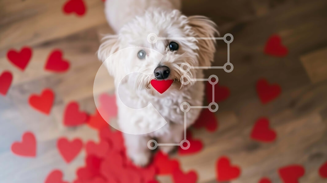 Intra Συλλεκτικό Ξύλινο Παζλ Plywood  4mm - Μικρό λευκό σκυλί με πορτοκαλί καρδιά ανάμεσα σε κόκκινες καρδιές Σε Ξύλινο Κουτί - Διαστάσεις: 10x10 cm – 25 κομμάτια