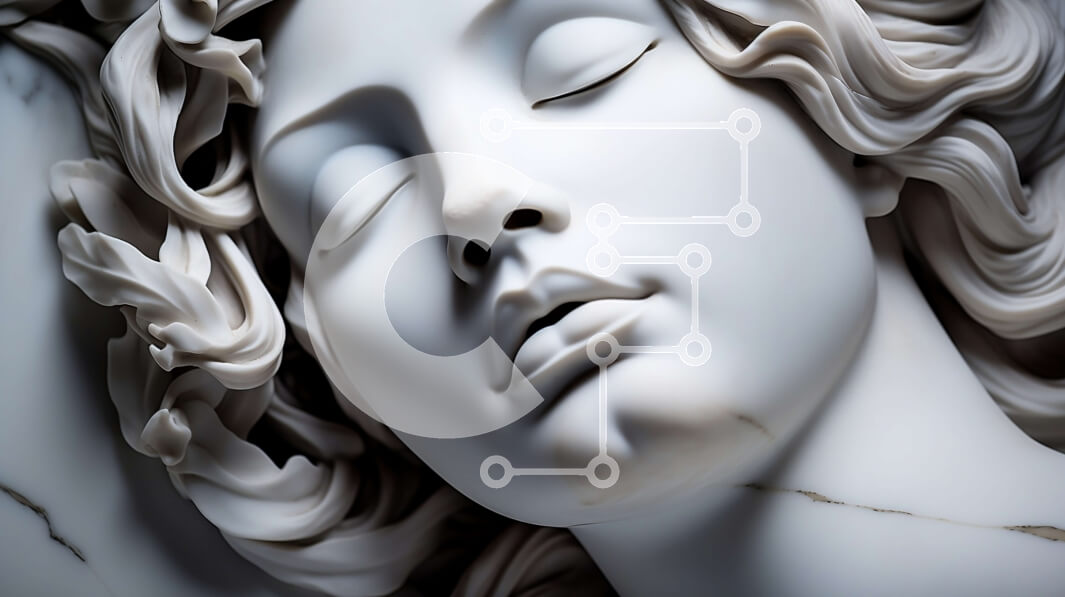 Intra Συλλεκτικό Ξύλινο Παζλ Plywood  4mm - Κοντινό πλάνο Κομψά γλυπτό Γυναικείο Πρόσωπο σε Λευκό Μάρμαρο Σε Ξύλινο Κουτί - Διαστάσεις Puzzle: 10x10 cm – 25 κομμάτια