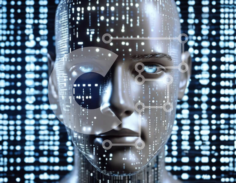 Intra Συλλεκτικό Ξύλινο Παζλ Plywood  4mm - Αφηρημένη εικόνα ανθρωποειδούς ρομπότ με μπλε μάτια και φόντο δυαδικού κώδικα Σε Ξύλινο Κουτί - Διαστάσεις Puzzle: 10x10 cm – 25 κομμάτια