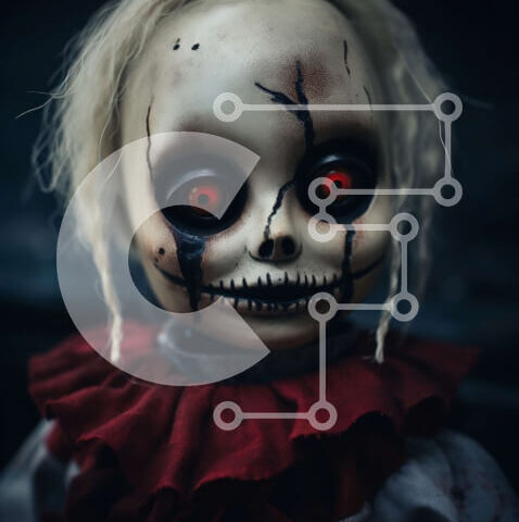 Intra Συλλεκτικό Ξύλινο Παζλ Plywood  4mm - Ανατριχιαστική κούκλα με κόκκινα μάτια για το Halloween Σε Ξύλινο Κουτί - Διαστάσεις Puzzle: 10x10 cm – 25 κομμάτια - Image 1