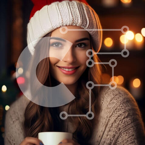 Intra Συλλεκτικό Ξύλινο Παζλ Plywood  4mm - Νεαρή γυναίκα με πουλόβερ και καπέλο Άγιου Βασίλη με χριστουγεννιάτικα φώτα Σε Ξύλινο Κουτί - Διαστάσεις: 10x10 cm – 25 κομμάτια - Image 1