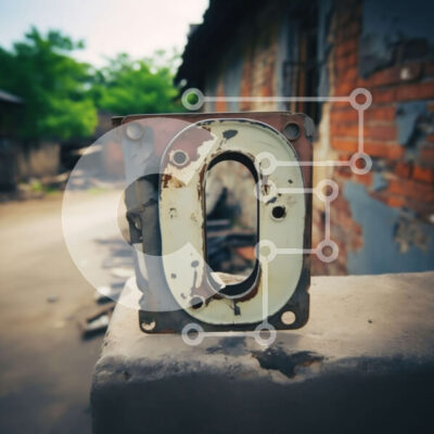 Intra Συλλεκτικό Ξύλινο Παζλ Plywood 4mm - Ρουστίκ εικόνα ενός σκουριασμένου μεταλλικού αριθμού 0 σε έναν ερειπωμένο τοίχο από τούβλα Σε Ξύλινο Κουτί - Διαστάσεις Puzzle: 10x10 cm – 25 κομμάτια - Image 1