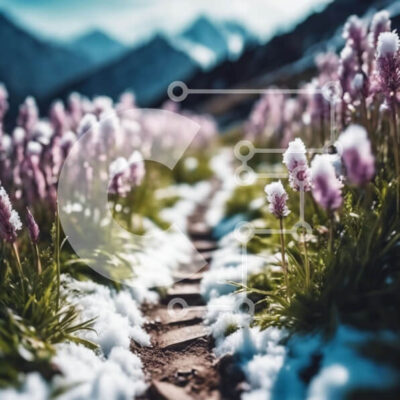 Intra Συλλεκτικό Ξύλινο Παζλ Plywood 4mm - Χιονισμένο μονοπάτι προς τα λουλούδια λούπινου στα βουνά Σε Ξύλινο Κουτί - Διαστάσεις: 10x10 cm – 25 κομμάτια - Image 1