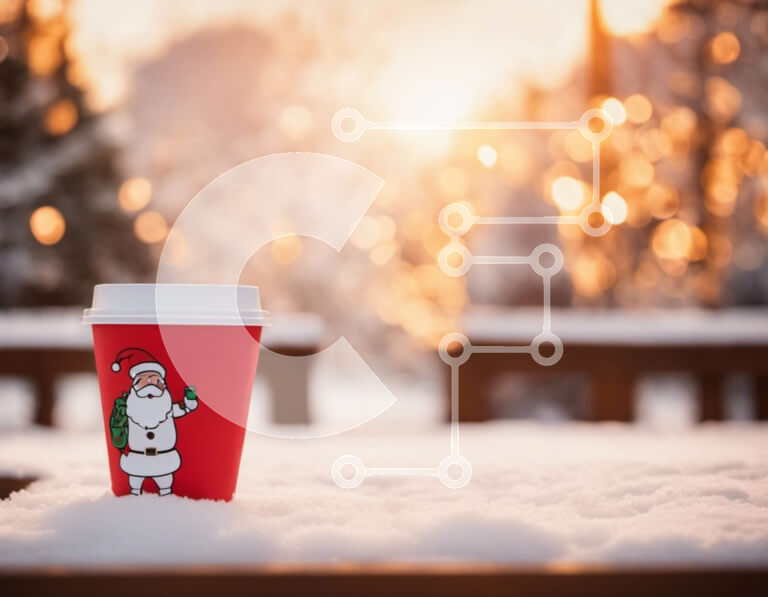 Intra Συλλεκτικό Ξύλινο Παζλ Plywood  4mm - Κόκκινο φλιτζάνι καφέ με σχέδιο Άγιου Βασίλη σε χιονισμένο έδαφος Σε Ξύλινο Κουτί - Διαστάσεις Puzzle: 10x10 cm – 25 κομμάτια