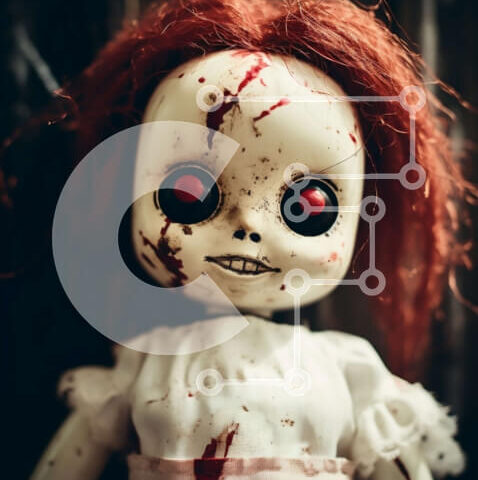 Intra Συλλεκτικό Ξύλινο Παζλ Plywood 4mm - Ανατριχιαστική κούκλα με κόκκινα μαλλιά και ματωμένα μάτια Σε Ξύλινο Κουτί - Διαστάσεις Puzzle: 10x10 cm – 25 κομμάτια - Image 1