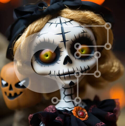 Intra Συλλεκτικό Ξύλινο Παζλ Plywood  4mm - Ασπρόμαυρη κούκλα με κόκκινα μάτια και κολοκύθα Σε Ξύλινο Κουτί - Διαστάσεις Puzzle: 10x10 cm – 25 κομμάτια - Image 1