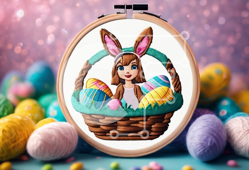 Intra Συλλεκτικό Ξύλινο Παζλ Plywood  4mm - Μοτίβο σταυροβελονιάς Πασχαλινό λαγουδάκι με πασχαλινό καλάθι και αυγά Σε Ξύλινο Κουτί - Διαστάσεις Puzzle: 10x10 cm – 25 κομμάτια