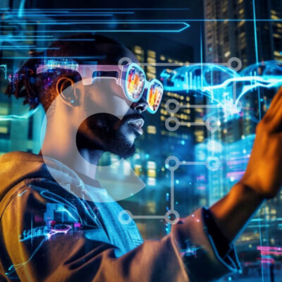 Intra Συλλεκτικό Ξύλινο Παζλ Plywood 4mm - Φουτουριστική τεχνολογία: Άνθρωπος με γυαλιά και tablet μπροστά από τον ορίζοντα της πόλης τη νύχτα Σε Ξύλινο Κουτί - Διαστάσεις Puzzle: 10x10 cm – 25 κομμάτια - Image 1