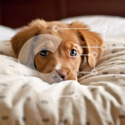 Intra Συλλεκτικό Ξύλινο Παζλ Plywood  4mm - Αξιολάτρευτο καφέ σκυλί με μεγάλα καστανά μάτια ξαπλωμένο σε ένα λευκό κρεβάτι Σε Ξύλινο Κουτί - Διαστάσεις: 10x10 cm – 25 κομμάτια - Image 1