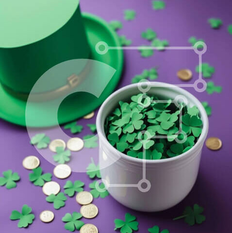 Intra Συλλεκτικό Ξύλινο Παζλ Plywood  4mm - Εορτασμός της Ημέρας του Αγίου Πατρικίου με καπέλο σε σχήμα τριφύλλου, νομίσματα και πράσινα τριφύλλια Σε Ξύλινο Κουτί - Διαστάσεις: 10x10 cm – 25 κομμάτια - Image 1