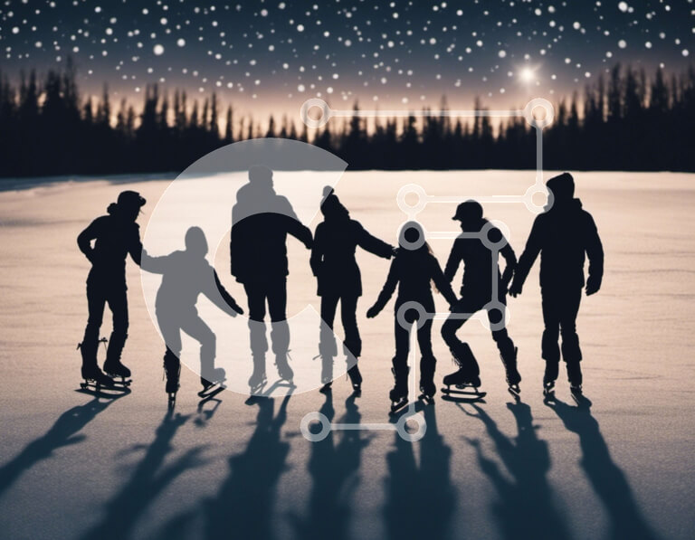 Intra Συλλεκτικό Ξύλινο Παζλ Plywood  4mm - Ομάδα ανθρώπων που κάνουν πατινάζ στο χιόνι με τον έναστρο νυχτερινό ουρανό Σε Ξύλινο Κουτί - Διαστάσεις Puzzle: 10x10 cm – 25 κομμάτια