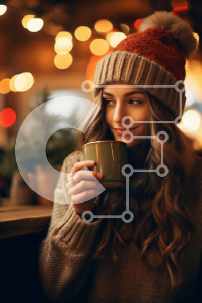 Intra Συλλεκτικό Ξύλινο Παζλ Plywood  4mm - Νεαρή γυναίκα με πορτοκαλί πουλόβερ και κόκκινο φασόλι μπροστά από τα φώτα Σε Ξύλινο Κουτί - Διαστάσεις Puzzle: 10x10 cm – 25 κομμάτια