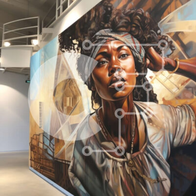 Intra Συλλεκτικό Ξύλινο Παζλ Plywood 4mm - Κομψή γυναίκα με Afro που στέκεται μπροστά από την πολύχρωμη τοιχογραφία γκράφιτι Σε Ξύλινο Κουτί - Διαστάσεις Puzzle: 10x10 cm – 25 κομμάτια - Image 1