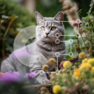 Intra Συλλεκτικό Ξύλινο Παζλ Plywood  4mm - Αξιολάτρευτη εικόνα μιας γκρίζας γάτας που κάθεται σε έναν βράχο σε έναν κήπο με λουλούδια Σε Ξύλινο Κουτί - Διαστάσεις: 10x10 cm – 25 κομμάτια - Image 1