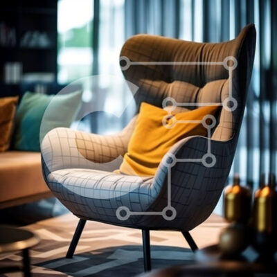 Intra Συλλεκτικό Ξύλινο Παζλ Plywood  4mm - Ευρύχωρο και καλά φωτισμένο σαλόνι με γκρι πολυθρόνα και κίτρινα μαξιλάρια Σε Ξύλινο Κουτί - Διαστάσεις Puzzle: 10x10 cm – 25 κομμάτια - Image 1