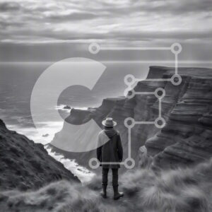 Intra Συλλεκτικό Ξύλινο Παζλ Plywood  4mm - Άνθρωπος στον γκρεμό με θέα στον ωκεανό σε μαύρο και άσπρο Σε Ξύλινο Κουτί - Διαστάσεις: 10x10 cm – 25 κομμάτια