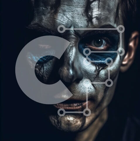 Intra Συλλεκτικό Ξύλινο Παζλ Plywood  4mm - Κοντινό πλάνο του προσώπου του ανθρώπου με μπλε και μαύρο σκελετό κοστούμι μακιγιάζ Σε Ξύλινο Κουτί - Διαστάσεις Puzzle: 10x10 cm – 25 κομμάτια - Image 1