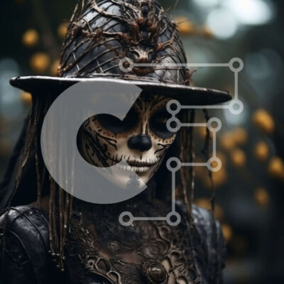 Intra Συλλεκτικό Ξύλινο Παζλ Plywood  4mm - Γυναικείος σκελετός με μαύρο καπέλο και ριγέ πουκάμισο Σε Ξύλινο Κουτί - Διαστάσεις Puzzle: 10x10 cm – 25 κομμάτια - Image 1