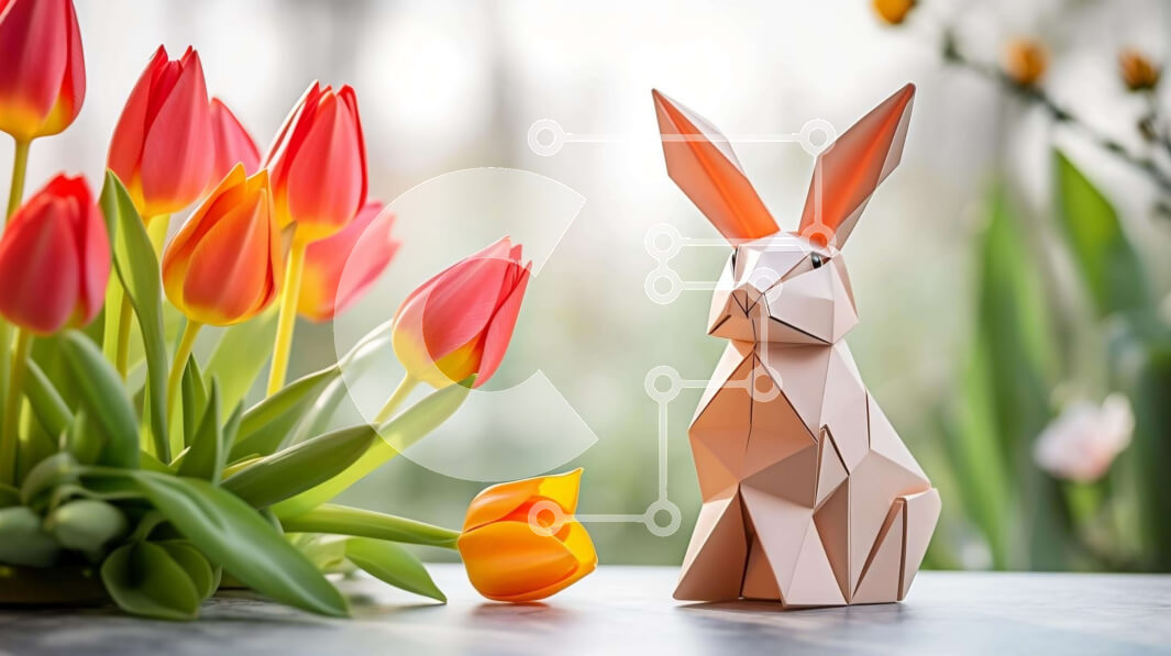 Intra Συλλεκτικό Ξύλινο Παζλ Plywood  4mm - Origami κουνέλι και τουλίπες την άνοιξη Σε Ξύλινο Κουτί - Διαστάσεις: 10x10 cm – 25 κομμάτια