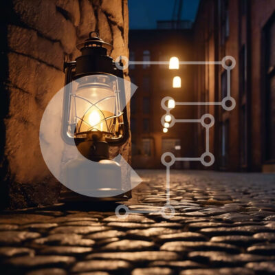 Intra Συλλεκτικό Ξύλινο Παζλ Plywood  4mm - Παλιομοδίτικο φανάρι στο πλακόστρωτο σοκάκι τη νύχτα Σε Ξύλινο Κουτί - Διαστάσεις Puzzle: 10x10 cm – 25 κομμάτια - Image 1