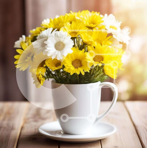 Intra Συλλεκτικό Ξύλινο Παζλ Plywood 4mm - Λευκό φλιτζάνι καφέ με κίτρινες και λευκές μαργαρίτες Σε Ξύλινο Κουτί - Διαστάσεις: 10x10 cm – 25 κομμάτια - Image 1