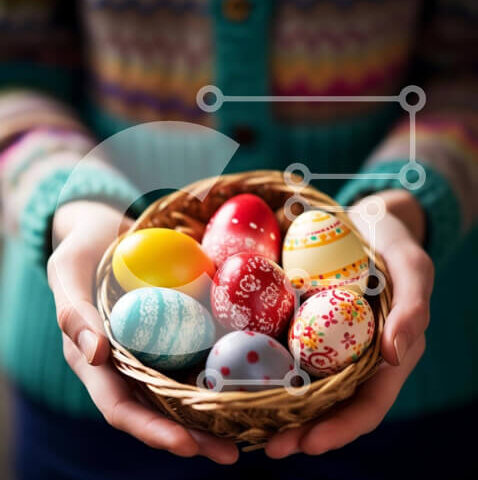 Intra Συλλεκτικό Ξύλινο Παζλ Plywood  4mm - Πολύχρωμα Πασχαλινά αυγά που κρατά γυναίκα Σε Ξύλινο Κουτί - Διαστάσεις: 10x10 cm – 25 κομμάτια - Image 1