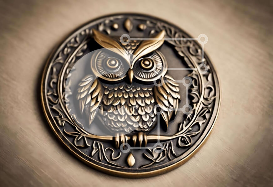 Intra Συλλεκτικό Ξύλινο Παζλ Plywood  4mm - Διακοσμητικό νόμισμα κουκουβάγιας σε κυκλική μεταλλική επιφάνεια Σε Ξύλινο Κουτί - Διαστάσεις: 10x10 cm – 25 κομμάτια