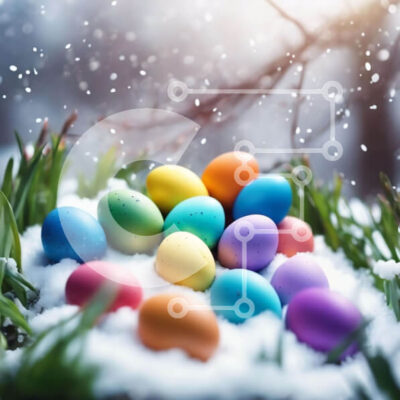 Intra Συλλεκτικό Ξύλινο Παζλ Plywood  4mm - Πολύχρωμα Πασχαλινά αυγά στο χιόνι με γρασίδι και δέντρα Σε Ξύλινο Κουτί - Διαστάσεις: 10x10 cm – 25 κομμάτια - Image 1