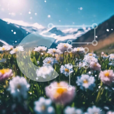 Intra Συλλεκτικό Ξύλινο Παζλ Plywood 4mm - Πεδίο λουλουδιών με τα χιονισμένα βουνά στο φόντο Σε Ξύλινο Κουτί - Διαστάσεις: 10x10 cm – 25 κομμάτια - Image 1