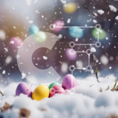 Intra Συλλεκτικό Ξύλινο Παζλ Plywood  4mm - Πολύχρωμα Πασχαλινά αυγά στο χιόνι με τις νιφάδες χιονιού που πέφτουν Σε Ξύλινο Κουτί - Διαστάσεις: 10x10 cm – 25 κομμάτια - Image 1