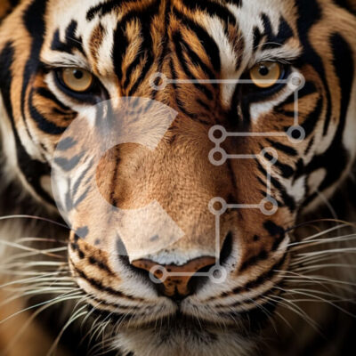 Intra Συλλεκτικό Ξύλινο Παζλ Plywood  4mm - Κοντινό πλάνο του προσώπου μιας τίγρης με άγρια ​​έκφραση Σε Ξύλινο Κουτί - Διαστάσεις: 10x10 cm – 25 κομμάτια - Image 1