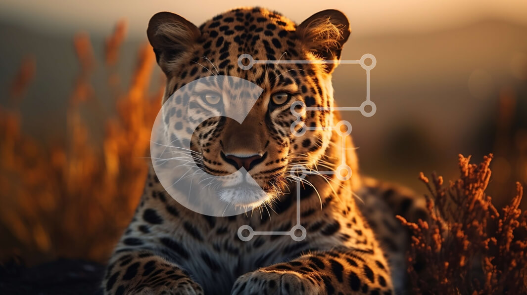 Intra Συλλεκτικό Ξύλινο Παζλ Plywood  4mm - Λεοπάρδαλη κάθεται στο γρασίδι στο ηλιοβασίλεμα Σε Ξύλινο Κουτί - Διαστάσεις: 10x10 cm – 25 κομμάτια