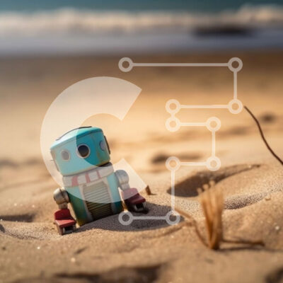 Intra Συλλεκτικό Ξύλινο Παζλ Plywood 4mm - Χαριτωμένη εικόνα ενός μικρού μπλε ρομπότ στην παραλία Σε Ξύλινο Κουτί - Διαστάσεις Puzzle: 10x10 cm – 25 κομμάτια - Image 1