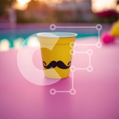 Intra Συλλεκτικό Ξύλινο Παζλ Plywood  4mm - Κίτρινο χάρτινο κύπελλο με σχέδιο μουστάκι σε ροζ τραπέζι Σε Ξύλινο Κουτί - Διαστάσεις: 10x10 cm – 25 κομμάτια - Image 1