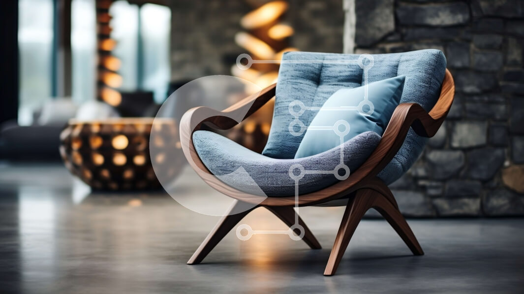 Intra Συλλεκτικό Ξύλινο Παζλ Plywood  4mm - Μοντέρνα μπλε πολυθρόνα με ξύλινα πόδια και μαξιλάρι σε πέτρινο εσωτερικό Σε Ξύλινο Κουτί - Διαστάσεις Puzzle: 10x10 cm – 25 κομμάτια