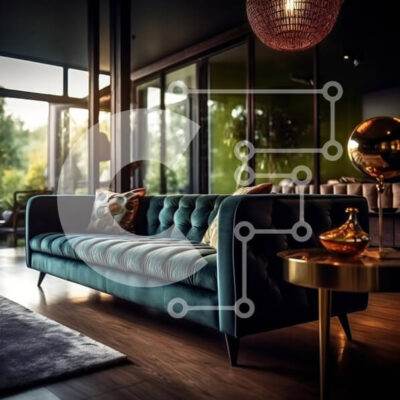 Intra Συλλεκτικό Ξύλινο Παζλ Plywood  4mm - Κομψό μοντέρνο σαλόνι με μπλε βελούδινο καναπέ και μεγάλο πολυέλαιο Σε Ξύλινο Κουτί - Διαστάσεις Puzzle: 10x10 cm – 25 κομμάτια - Image 1