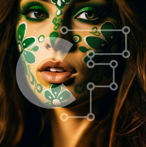 Intra Συλλεκτικό Ξύλινο Παζλ Plywood 4mm - Όμορφη γυναίκα με πράσινη μπογιά προσώπου και λεπτές φλοράλ πινελιές Σε Ξύλινο Κουτί - Διαστάσεις Puzzle: 10x10 cm – 25 κομμάτια - Image 1