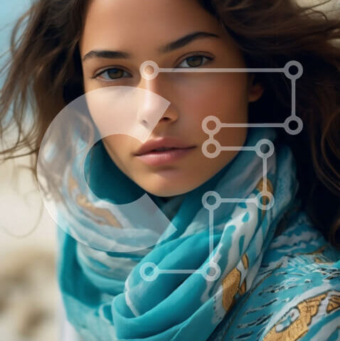 Intra Συλλεκτικό Ξύλινο Παζλ Plywood 4mm - Κομψή γυναίκα που απολαμβάνει την παραλία με ένα μπλε και άσπρο ριγέ κασκόλ Σε Ξύλινο Κουτί - Διαστάσεις Puzzle: 10x10 cm – 25 κομμάτια - Image 1