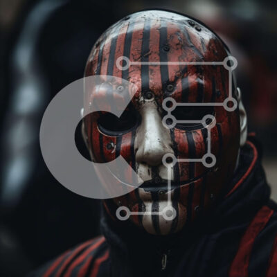 Intra Συλλεκτικό Ξύλινο Παζλ Plywood  4mm - Άτομο που φορά μια κόκκινη και μαύρη ριγέ μάσκα Σε Ξύλινο Κουτί - Διαστάσεις Puzzle: 10x10 cm – 25 κομμάτια - Image 1