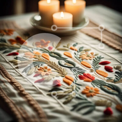 Intra Συλλεκτικό Ξύλινο Παζλ Plywood  4mm - Όμορφη κινηματογράφηση σε πρώτο πλάνο φλοράλ κεντημένου τραπεζιού με αναμμένα κεριά Σε Ξύλινο Κουτί - Διαστάσεις Puzzle: 10x10 cm – 25 κομμάτια - Image 1