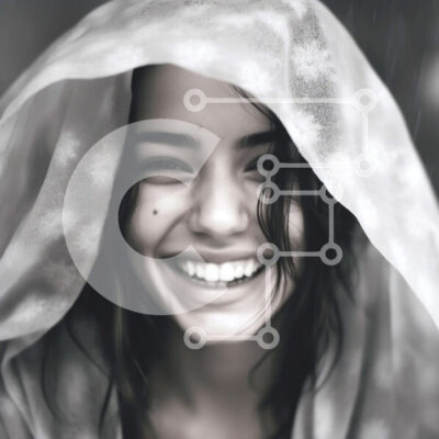 Intra Συλλεκτικό Ξύλινο Παζλ Plywood  4mm - Κομψή εικόνα μιας χαμογελαστής γυναίκας με λευκό κουκούλα με σταγόνες βροχής Σε Ξύλινο Κουτί - Διαστάσεις Puzzle: 10x10 cm – 25 κομμάτια - Image 1