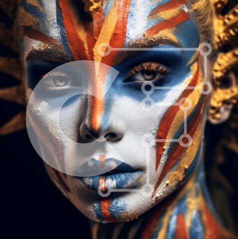 Intra Συλλεκτικό Ξύλινο Παζλ Plywood  4mm - Γυναίκα με πολύχρωμη ζωγραφική προσώπου και μπικίνι σε σκούρο φόντο Σε Ξύλινο Κουτί - Διαστάσεις Puzzle: 10x10 cm – 25 κομμάτια - Image 1