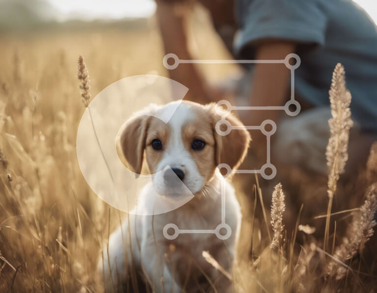 Intra Συλλεκτικό Ξύλινο Παζλ Plywood  4mm - Χαριτωμένο κουτάβι που κάθεται σε ένα χωράφι με ψηλό γρασίδι Σε Ξύλινο Κουτί - Διαστάσεις: 10x10 cm – 25 κομμάτια