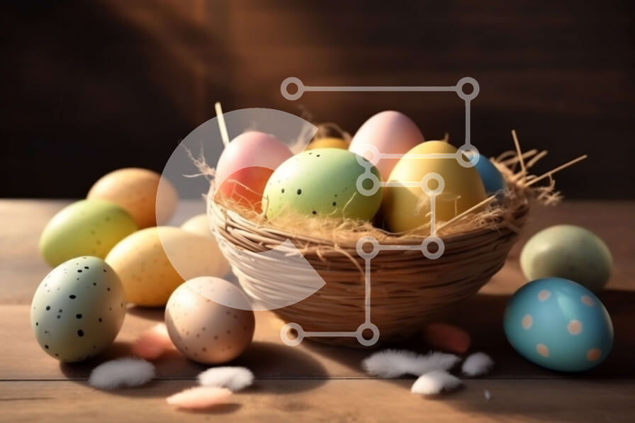 Intra Συλλεκτικό Ξύλινο Παζλ Plywood  4mm - Εορταστικά Πασχαλινά αυγά σε ένα καλάθι σε ένα ρουστίκ ξύλινο τραπέζι Σε Ξύλινο Κουτί - Διαστάσεις: 10x10 cm – 25 κομμάτια